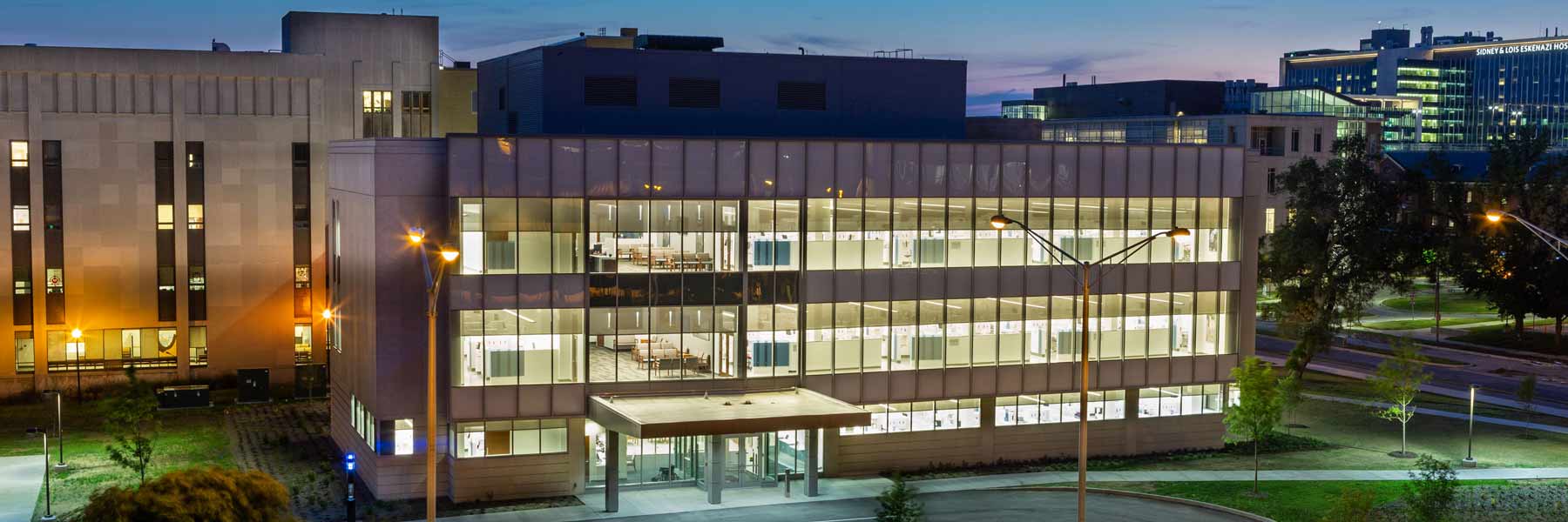 View of the exterior of the Indiana University School of Dentistry building in Indianapolis at night